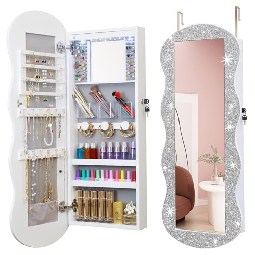 Jewelry Armoire Organizer, LED Jewelry Cabinet Wall/Door Mounted, Lockable Wavy Mirror with Storage, Crushed Diamonds Mirror Full Length,Door or Wall Mounted Mirror with Jewelry Storage