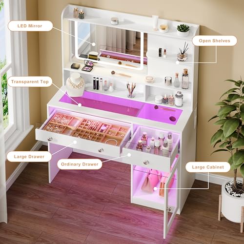 Image of Korfile 35'' Makeup Vanity Desk with Mirror and Lights, Power Outlet White | Transparent Top, 2 RGB Drawers, 3 Shelves & 1 Tempered Cabinet, 3-Color LED Lights, Power Outlet, Vanity with Glass Top