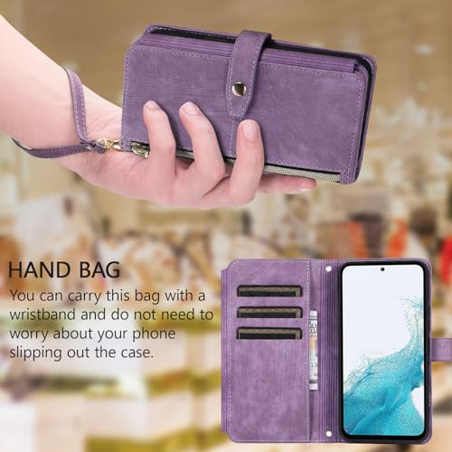 UEEBAI Wallet Case for Samsung Galaxy S24 5G, 9 Card Slots Retro Leather Wallet Shockproof Flip Cover with Hand Strap Card Slots Zipper Pocket Kickstand Handbag Magnetic Closure - Purple - Image 5