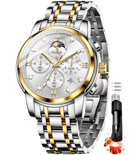 Image of OLEVS Chronograph Watches for Men Original Analog Quartz Black Stainless Steel Chain Luxury Dual Time Zone Moon Phase Date Waterproof Men's Wrist Watch