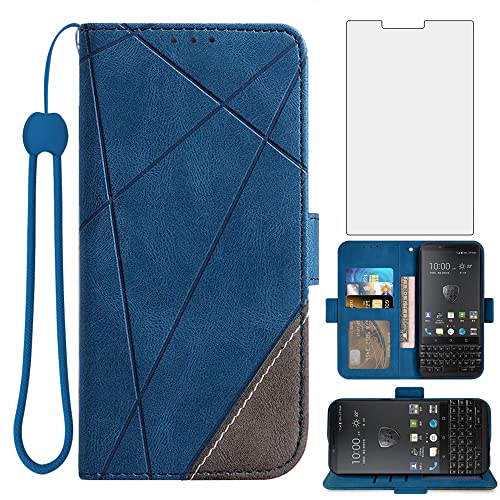 Asuwish Coque pour Blackberry KEY2 avec Verre Trempé Rabat Support Cuir Porte Carte Portefeuille Étui Key 2 Two KEYtwo Housse Phone Cover Case Bleu