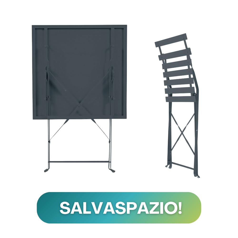 PALUPLUS Set da Bistrot 3 Pezzi, Tavolo Pieghevole QUADRATO 60x60x71 cm, 2 Sedie in Metallo 41x46x80 cm, Ideale per Balcone e Giardino, Design Elegante e Salvaspazio -7124F-15,8 (Grigio Antracite)