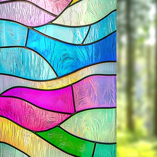 Image of Nuxovilar Sparkle Stained Glass Colorful Wave Window Film 17.7x39.4 PVC