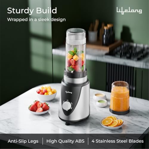 Image of Lifelong Nutri Blender with 2 Jars (300ml, 500ml) | 450W Motor, 2 SS Blades(4 & 2 Leaf), 2 Lids(Strong & Sprinkler), Leak Proof Jars for Blending, Mixing, & Grinding Juice, Smoothie, Chutney, & Masala