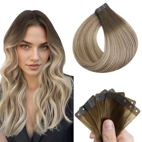 Image of Full Shine Holed Hair Extensions Tape In, Ash Brown Beige Blonde 22 Inch | 50g 20 PCS, Invisible Tape in Hair Extensions Human Hair, Hole Structure, Glueless Wear, Long Hairstyles, Soft Finish