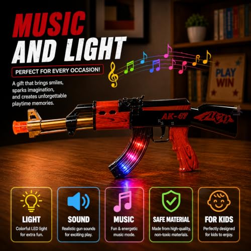 Image of Wishkey AK-47 Toy Gun for Kids with Light & Sound, Battery Operated Assault Rifle Toy, Realistic Pretend Play Gun with LED Lights & Music, Role Play Gift for Boys & Girls Age 3+ Years