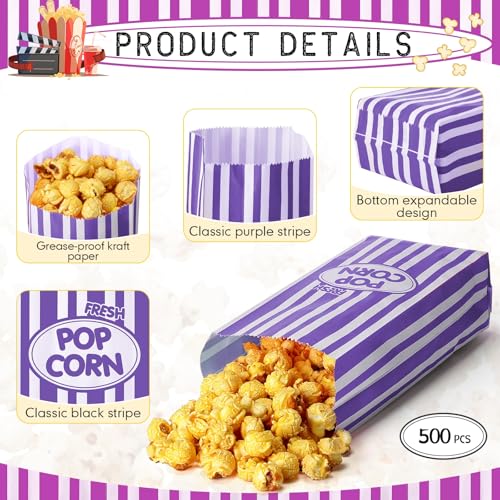 Image of Sherr 500 Pcs 2oz Purple Popcorn Bags Bulk Retro Stripes Disposable Popcorn Bags for Circus Carnival Party Favors Movie Nights Birthday Party Event Supplies Machine Accessories
