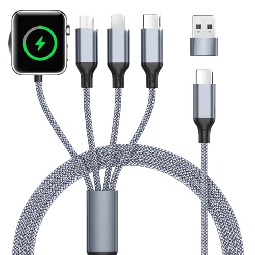 Multi Ladekabel 4 in 1 für apple watch Ladegerät 1.2M Universal Nylon Kabel SchnellLadekabel Mit USB-A und USB-C Mehrfach für iPhone 17/16/15/14/13/12/11/iPad/Airpods/iWatch Serien