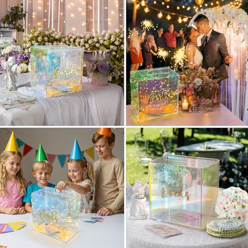 Image of OurWarm Iridescent Acrylic Wedding Card Box with String Light, DIY Gift Card Box for Wedding Reception, Wedding Envelope Money Card Boxes Holder for Party Graduation Baby Shower Birthday Decorations