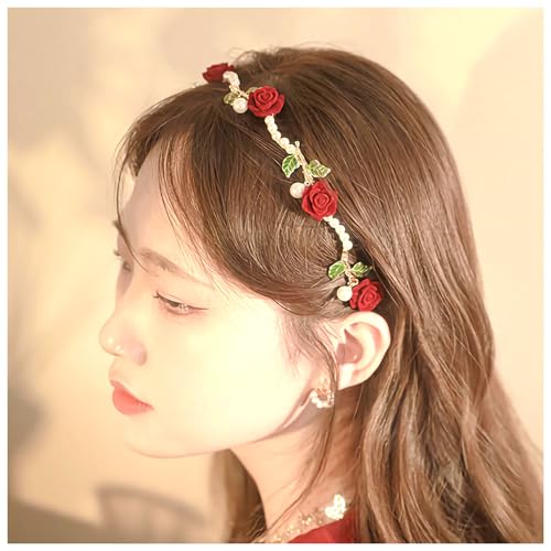 Pearl Rose Flower Headband 1920s French Vintage Camellia Hair Hoop 1920s Leaf hair Band Headpiece Accessories for Women Girls (Red)