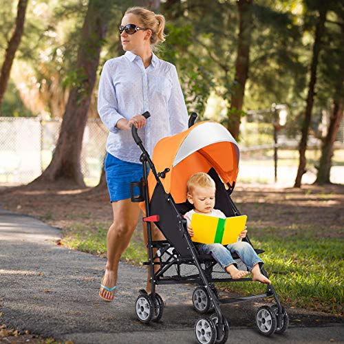 HONEY JOY Baby Lightweight Stroller, Compact Travel Stroller for Airplane, Adjustable Backrest & Canopy, 5-Point Harness, Cup Holder, Storage Basket, Foldable Umbrella Stroller for Toddlers (Orange)