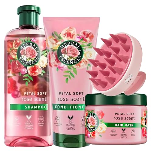 Rose Shampoo and Conditioner Bundle with Herbal Essences Shampoo 350ml, Herbal Essences Conditioner 250ml Herbal Essences Hair Mask 500ml with Hair Massager Scalp