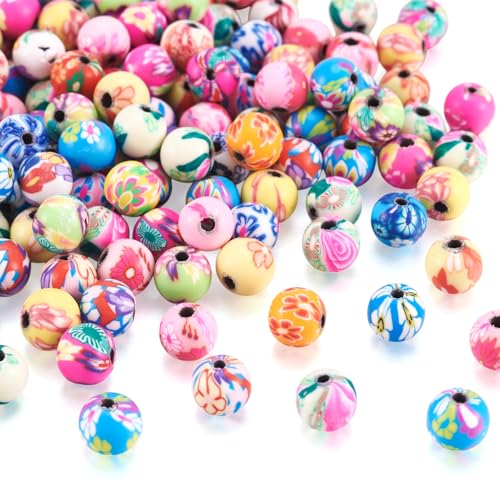 Pandahall 200pcs 0.3 Inch Assorted Colorful Polymer Clay Round Beads Bubblegum Ball Beads Charms Flower Printed for Jewelry Makings 8mm| 5/16 Inch