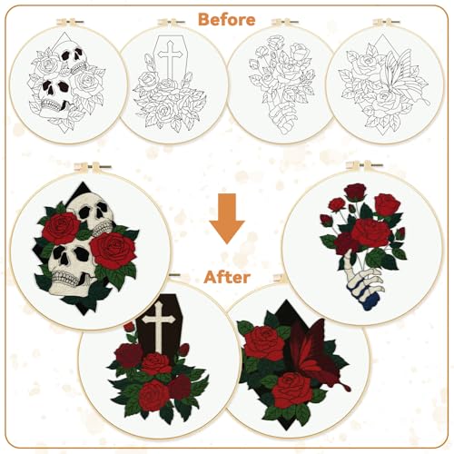 Image of BEUNITONE 4 Set Skull Embroidery kit for Beginners Flower Starter Kits Halloween Skull with Flowers DIY Needlepoint Kit for Adults with Instruction Rose Skull Handmade Embroidery Kits for Gifts