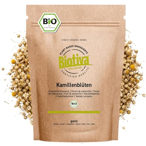 Biotiva Kamillen-Blüten Tee Bio 250g - EU - Anbau - Hochwertigste Bio-Kamillenblüten - Kamillentee - Abgefüllt und kontrolliert in Deutschland (DE-ÖKO-005)