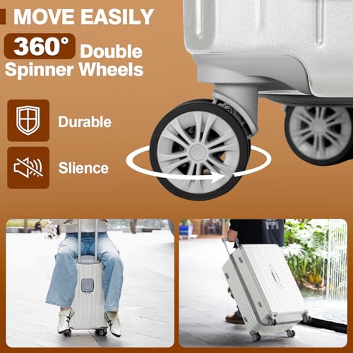 Romswi Suitcase Set with TSA Lock Cup Holder, Hardside Spinner Suitcase with Duffel Bag, Lightweight Durable PC+ABS White 5 PCS(20/24/28inch)3