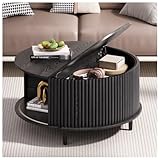 JOINICE,Black Round Coffee Table with Storage, 31.5" Fluted Center Table with Sliding Door, Modern Circle Drum Accent Table for Living Room, Sleek Wood Furniture for Small Spaces & Apartments
