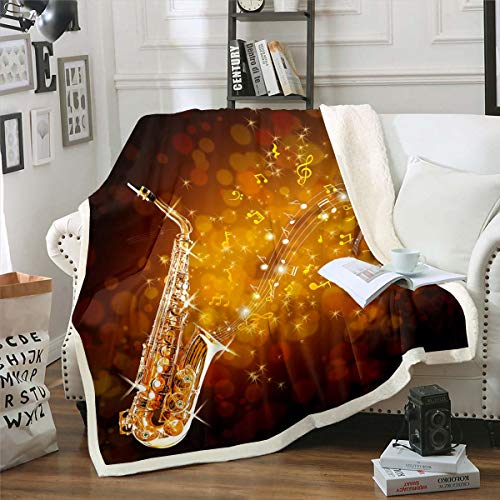 Classic Music Fleece Throw Blanket Golden Saxophone Kids Boys Jazz Funky Notes Design Plush Blanket Musical Instrument Luxury for Sofa Bed,Single 50x60 Inch