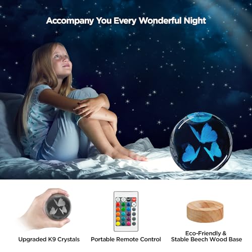 Image of 3D Butterfly Crystal Ball Night Light with Woodern Base, 3.15 inch Butterfly Figurine Glass Lamp with 16 Colors Cute Desk Decor for Home Butterfly Gifts for Women Kids Friends