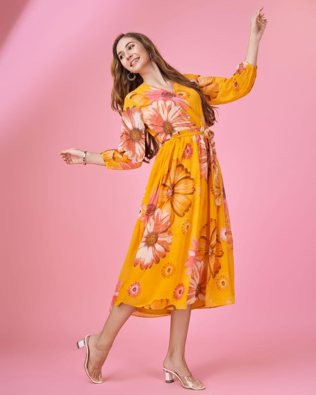 Image of MOJILAA Women's Georgette Floral Printed Gathered Dress