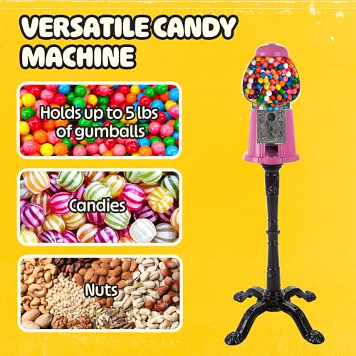 Image of 15 inch Gumball Machine with Stand and Coin Bank - Bubble Gum Machine Candy Dispenser with Glass Globe and Metal Base - Vintage Style Gum Ball Vending Dispenser by Great Northern Popcorn (Pink)