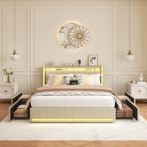Lit Double 160x200cm avec Éclairage LED et Charge USB,lit 2 Personnes avec 4 Tiroirs,Lit de Tiroir Facile à Assembler,Lin,sans Matelas, Beige