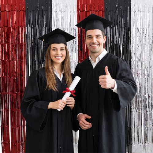 Image of TONIFUL 2Pcs Burgundy Black Silver Metallic Tinsel Foil Fringe Curtains | 3.3ftx6.6ft Photo Booth Backdrop Door Streamers for Wedding Anniversary Fall Harvest Masquerade Bachelorette Party Decoration