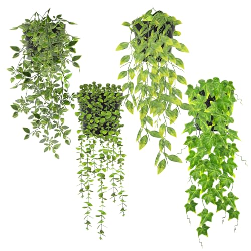 Zequech 4 plantas colgantes verdes simuladas en maceta, vaina de guisante de mandala, hiedra corta de eucalipto, terraza interior y exterior, oficina, decoración de boda al aire libre, paisaje