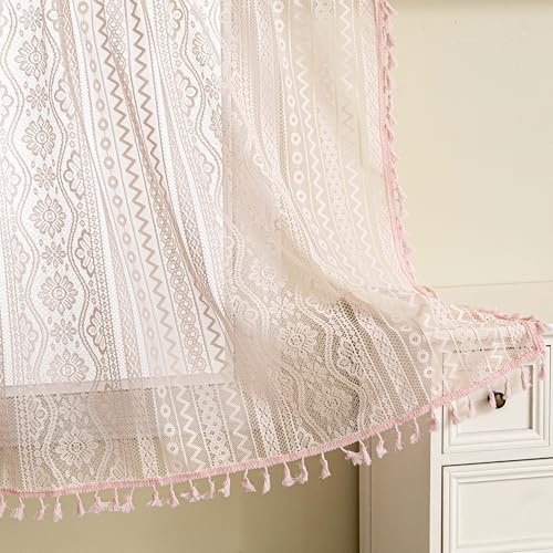 Image of MYSKY HOME Pink Lace Tier Curtains 36 Inch Length 2 Panels Kitchen Cafe Sheer Short Boho Half Country Rod Pocket Curtains for Small Windows Basement Bathroom, 34 inch Wide Each Panel, Light Pink