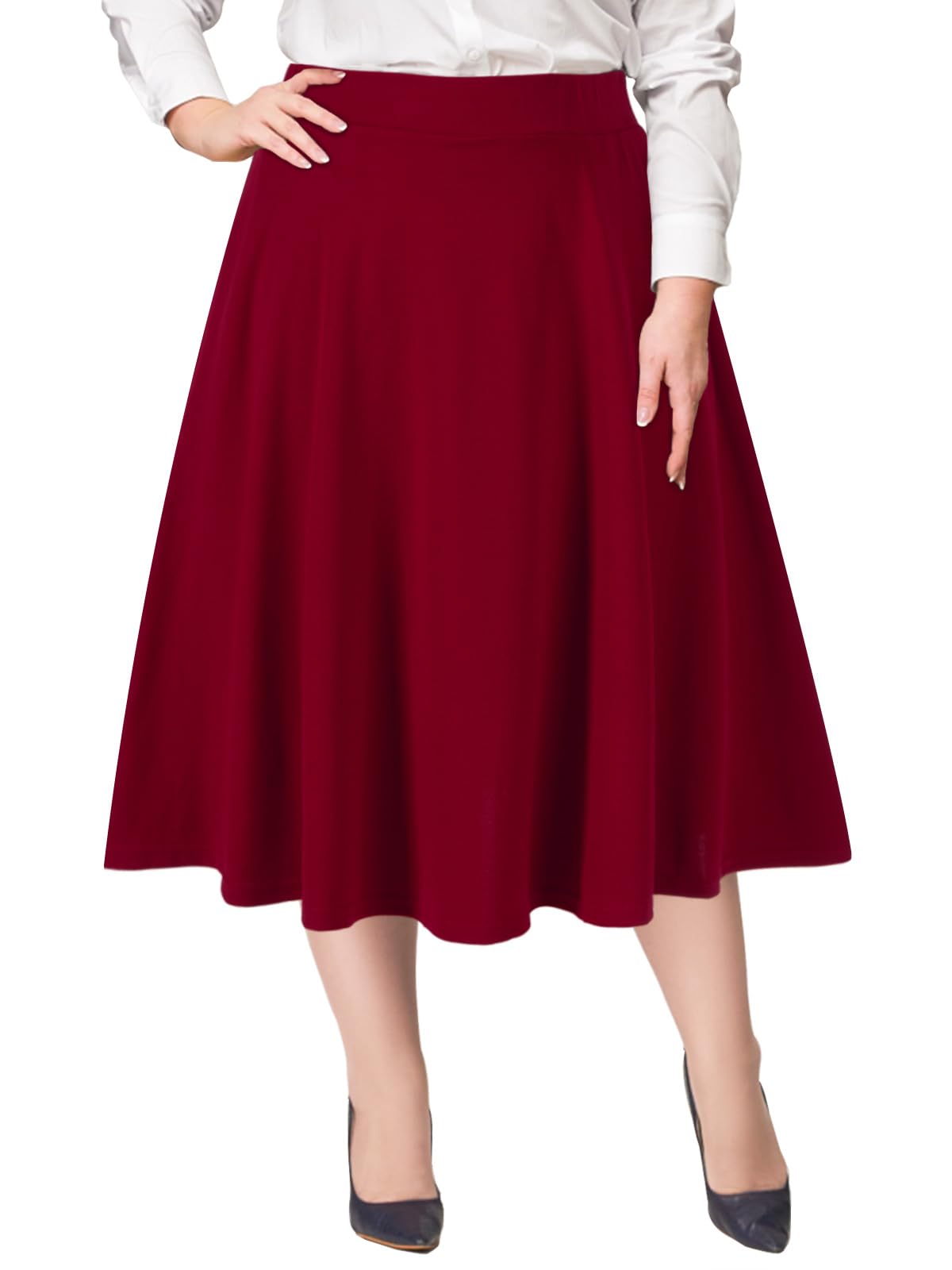 Moon Wood Women's Plus Size Midi Skirt High Elastic Waist A-Line Flared Skater Skirts with Pockets
