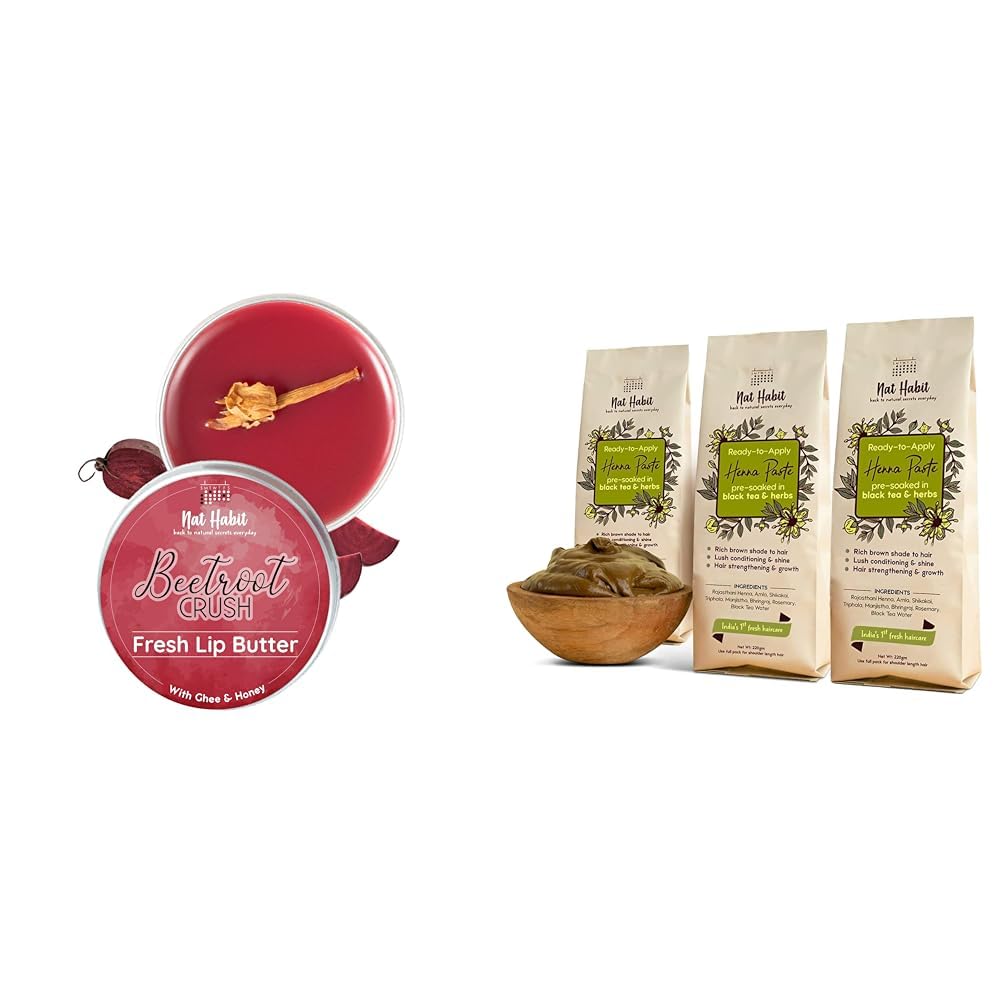 Nat Habit Lip Balm Fresh Beetroot Crush 10gm Lip Butter For Natural Pink Lips and Nat Habit - Fresh Ready To Apply Henna Paste (Pack of 3 x 220g)-image-47