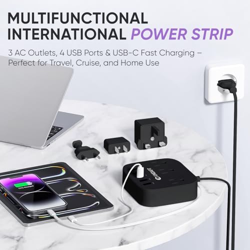 Image of European Plug Adapter, Unidapt US to UK Europe Power Strip for EU /UK /US with USB C and 4 USB Ports, 3 AC Outlets, Wall Mountable, 5ft Extension Cord, for Travel Cruise Ship Home (Black)