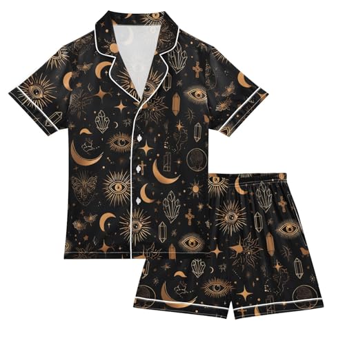 ALAZA Mystic Sun Moon Eye Satin Pajamas Set Short Sleeve Button Down Sleepwear Summer Pjs 2 Piece