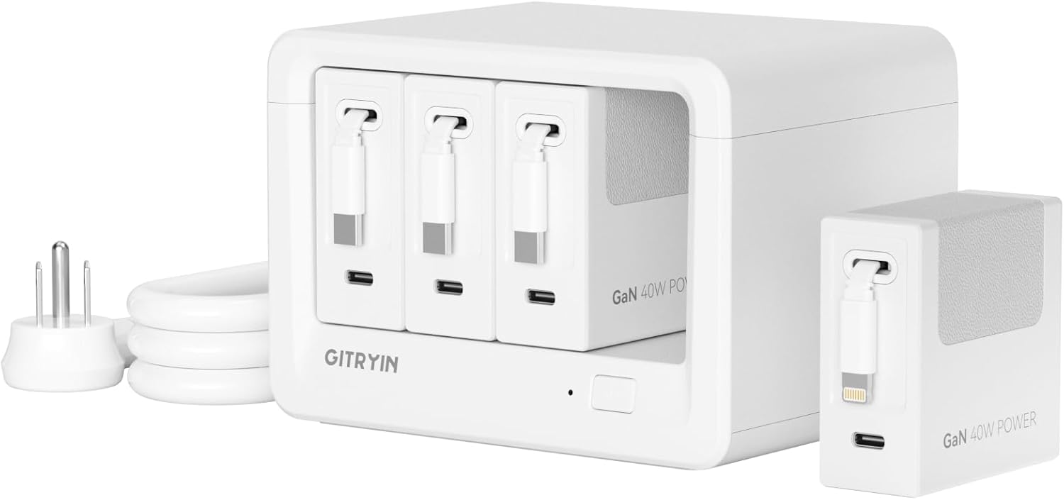 Gitryin 12-in-1 Desktop Charging Station with 3 Retractable Type-C Chargers and 1 Lightning Charger, 40W USB-C Power Strip with 33.5in Cable, Extension Cord with 1020J Surge Protection for Home Office With 3 Type-C Chargers and 1 Lightning Charger