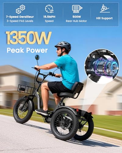 Image of MOONCOOL Electric Tricycle for Adults, 20 inch x 4 inch Fat Tire Folding Electric Trike, 48V 500W 3 Wheel Electric Bike, 7 Speed E Trikes for Adults with Removable Battery, Aluminum Frame & Large Basket