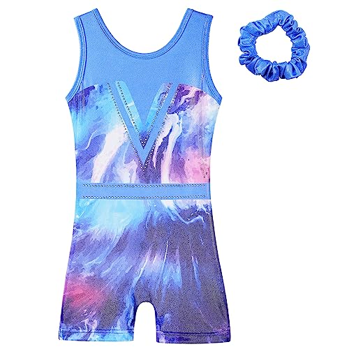 ZNYUNE Gymnastics Biketard Unitard for Girls - Multi-Color Spliced Sparkle Embroidery Shorty Bodysuit 312 BlueMarble 110