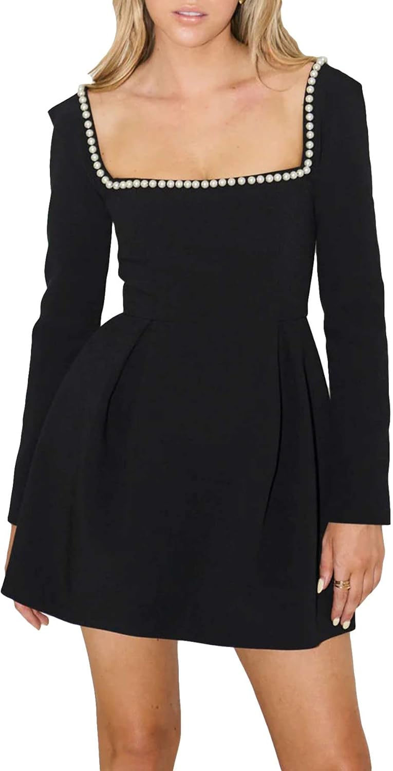 YEXPINE Women's Long Sleeve Mini Dress Pearl Square Neck Ruffle Hem Short Dress Bride Party Club Elegant Dresses