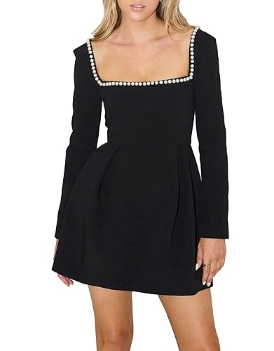 YEXPINE Women's Long Sleeve Mini Dress Pearl Square Neck Ruffle