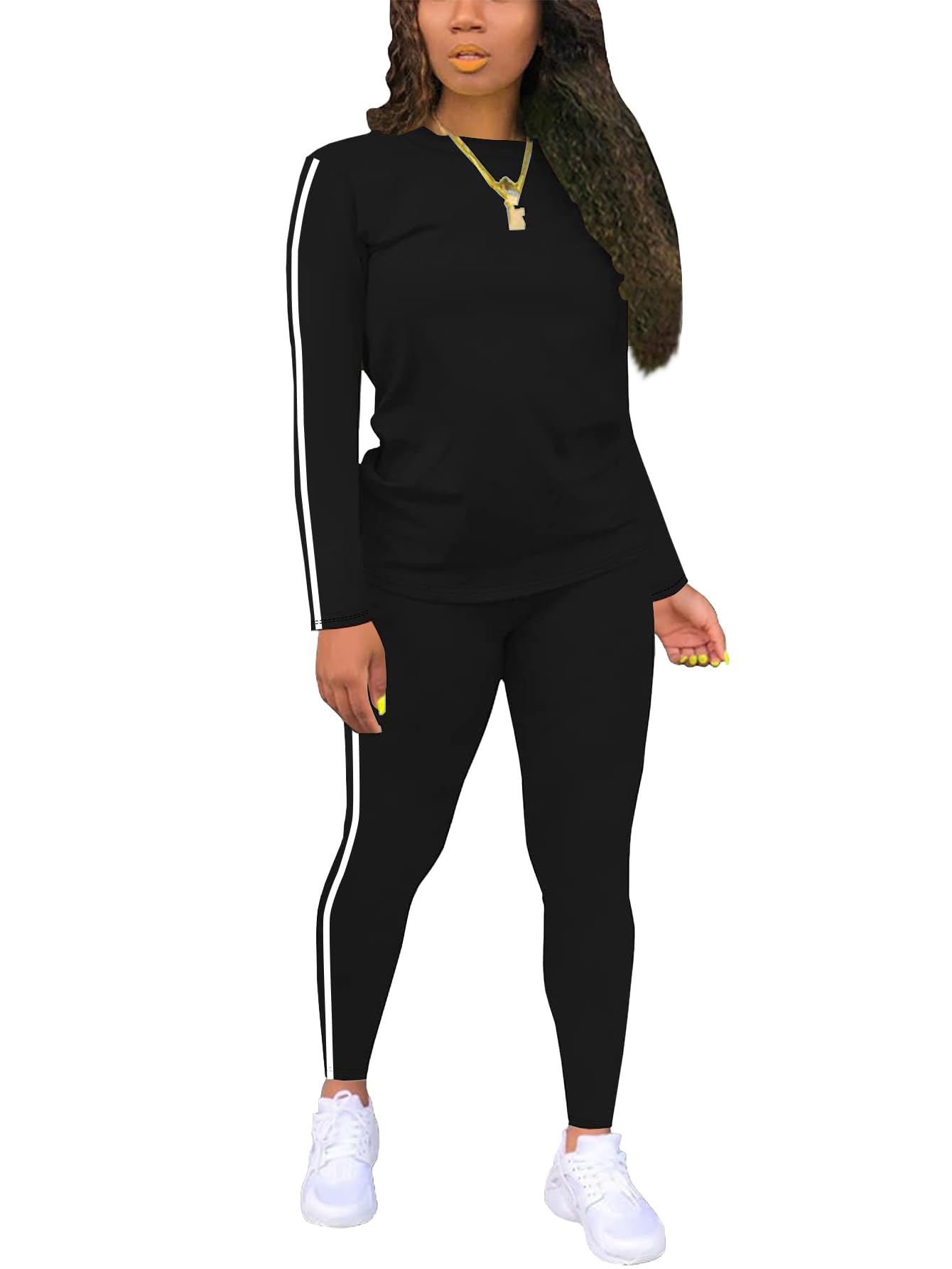 Womens 2 Piece Classic Striped Outfits Full Sleeve Lounge Long Sweatpants Jogger Matching Tracksuits Sports Sets
