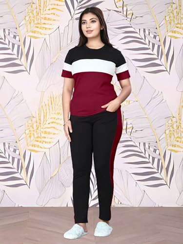 Image of Cotton Blend Tracksuits for Women Half Sleeves Round Neck Woman Workout T-shirt & Pant for Sports Comfortable and Breathable Gym Wear for Womens Tracksuit Set with Top & Bottom Pants