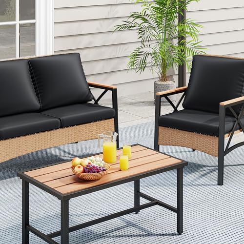 YITAHOME-4-Piece-Patio-Wicker-Furniture-Set-with-Wood-Armrest-All-Weather-Rattan-Conversation-Furniture-Sets-for-Backyard-Balcony-Deck-wSoft-Cushions-and-Plastic-Wood-Table-Light-BrownBlack YITAHOME 4 Piece Patio Wicker Furniture Set with Wood Armrest All Weather Rattan Conversation Furniture Sets for Backyard Balcony Deck wSoft Cushions and Plastic Wood Table Light BrownBlack