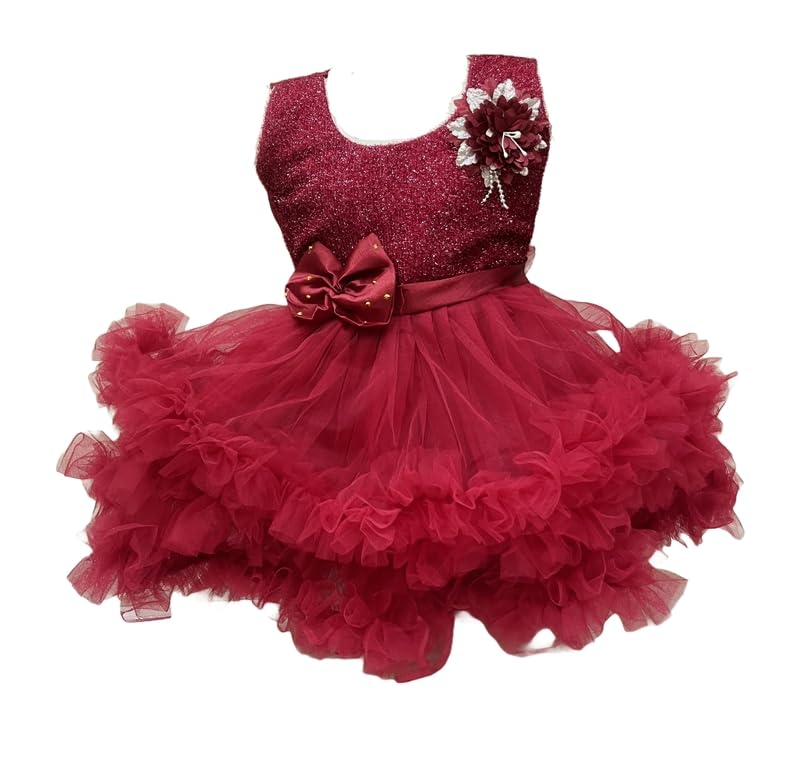 Girls Party Dress with Glitter Bodice, Tulle Ruffle Skirt, Maroon Red, Floral Corsage-image-43
