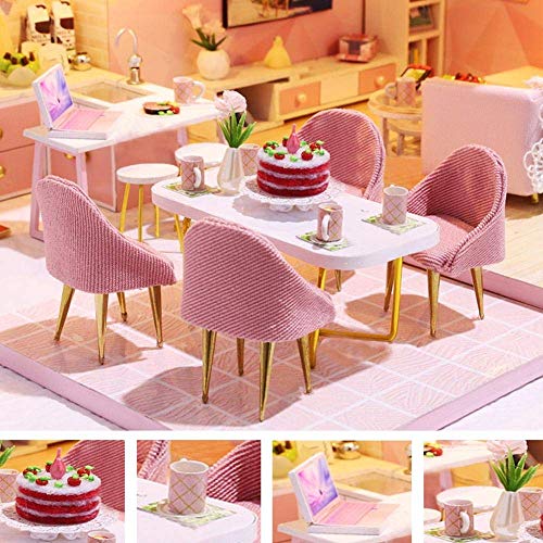 DIY Musik Puppenhaus Kit Mit Staubdicht Und Led Lichter Miniatur Rosa Loft Puppen Haus Möbel Puzzle Modell Hand Handwerk… – Bild 5