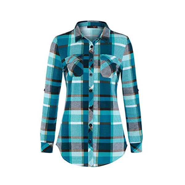 DJT-Womens-Roll-Up-Long-Sleeve-Collared-Button-Down-Plaid-Shirt DJT Women's Long Sleeve Collared Button Down Plaid Shirt Large Turquoise