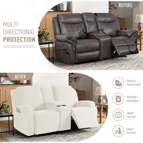 Image of KinCam Loveseat Recliner Covers with Middle Console Slipcover, Recliner Sofa Covers 2 Seat Couch Cover Stripe Jacquard Furniture Protector Covers with Elastic Bottom for Kids, Pets(Cream)