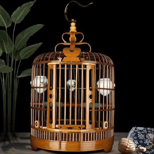 Cage à oiseaux vintage ronde en bambou avec support roulant