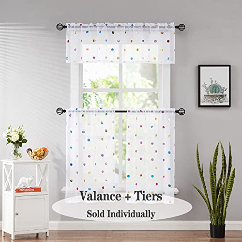 White Valance Window Curtains For Living Room 56 X 15 Inch Long Colorful Polka Dot Foil Printed Kitchen Curtains Set For Nursery Casual Rod Pocket Voile Sheer Cafe Valance For Bathroom, 1 Panel #TOP1