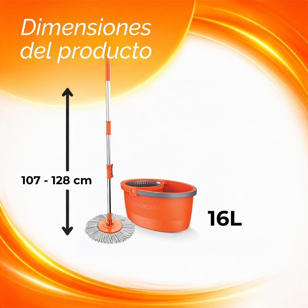 Macromax Faster - Juego de fregona giratoria automática de 16 L, mopas 100% Microfibra, Mango Giratorio telescópico, Lavado automático y Cesta Seca extraíble, Hecha de Material 90% reciclable (Juego