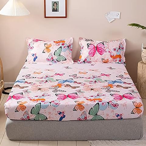 Michorinee Spannbettlaken 90x200cm Kinder Mädchen Motiv Rosa Schmetterling Muster Bettlaken Boxspringbett Topper 100% Microfaser Kindermotiv Spannbetttuch Cover