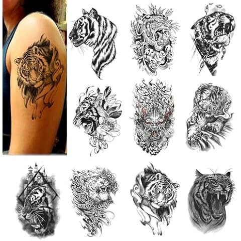 Large Temporary Tattoos for Men Women Teens 10 Sheets Fake Black Tiger Tattoo Stickers Realistic Cover
